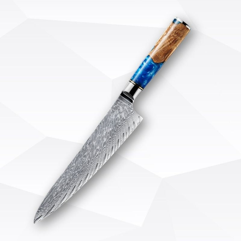 Decorative knife with a wooden and blue handle on a white background
