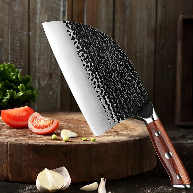 A 7-inch cleaver knife with a black textured blade and a brown solid wood handle.