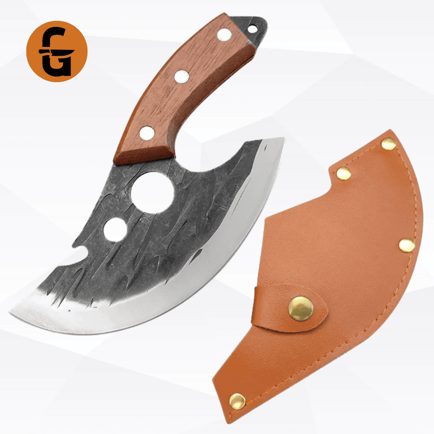 Knife with wooden handle and leather sheath on a white background