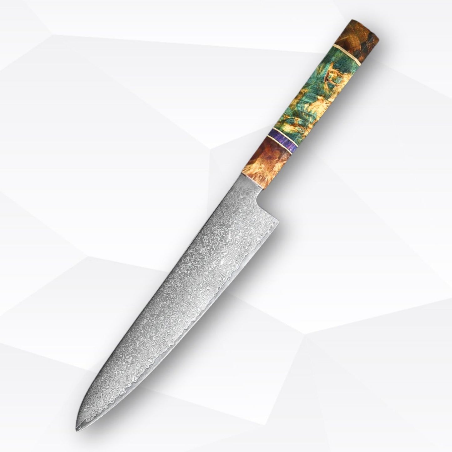 chef's knife with a multicolored handle on a white background