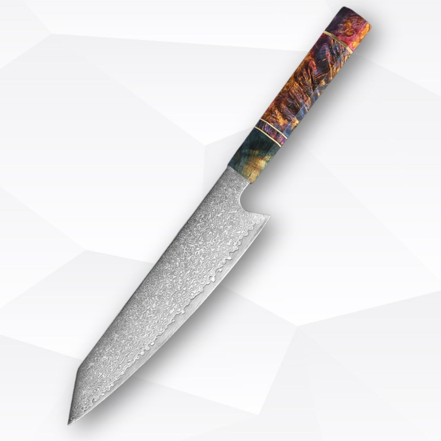 chef's knife with a colorful handle on a white background