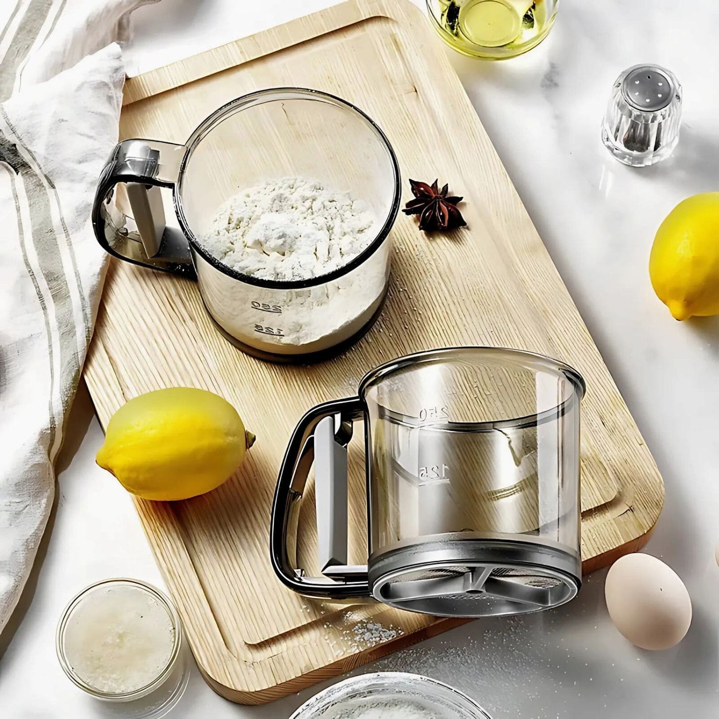 One-handed flour sifter in use, dusting powdered sugar over croissants