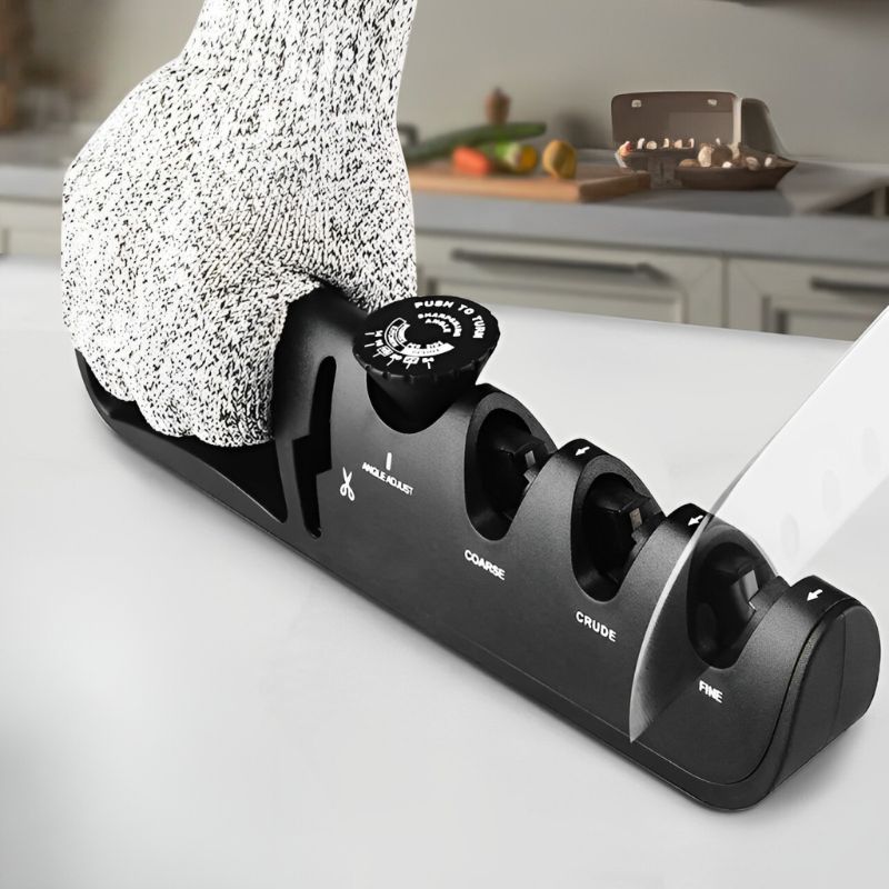 A black 4 in 1 knife sharpener with a section for adjusting angles.