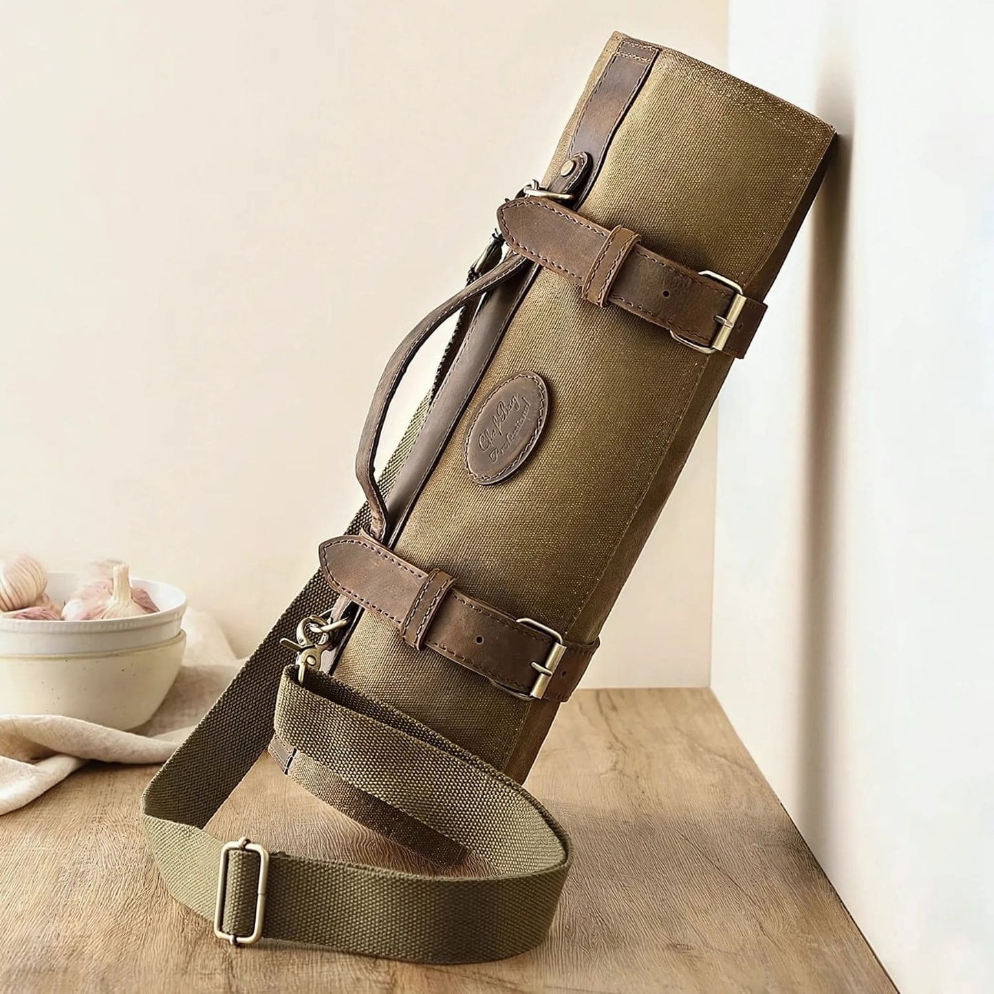 Professional knife storage roll made of durable leather, perfect for culinary professionals