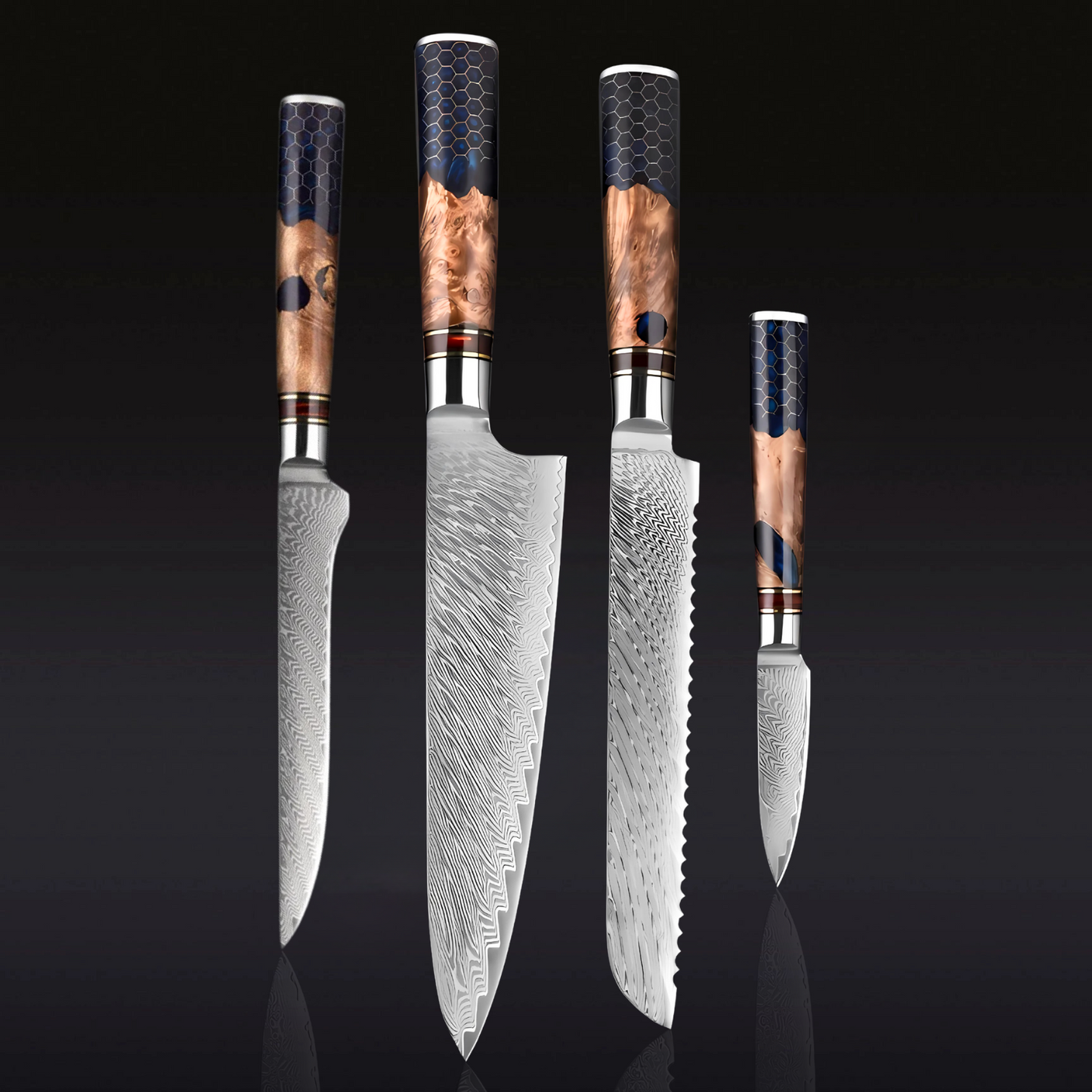 Set of four knives with wooden handles on a black background