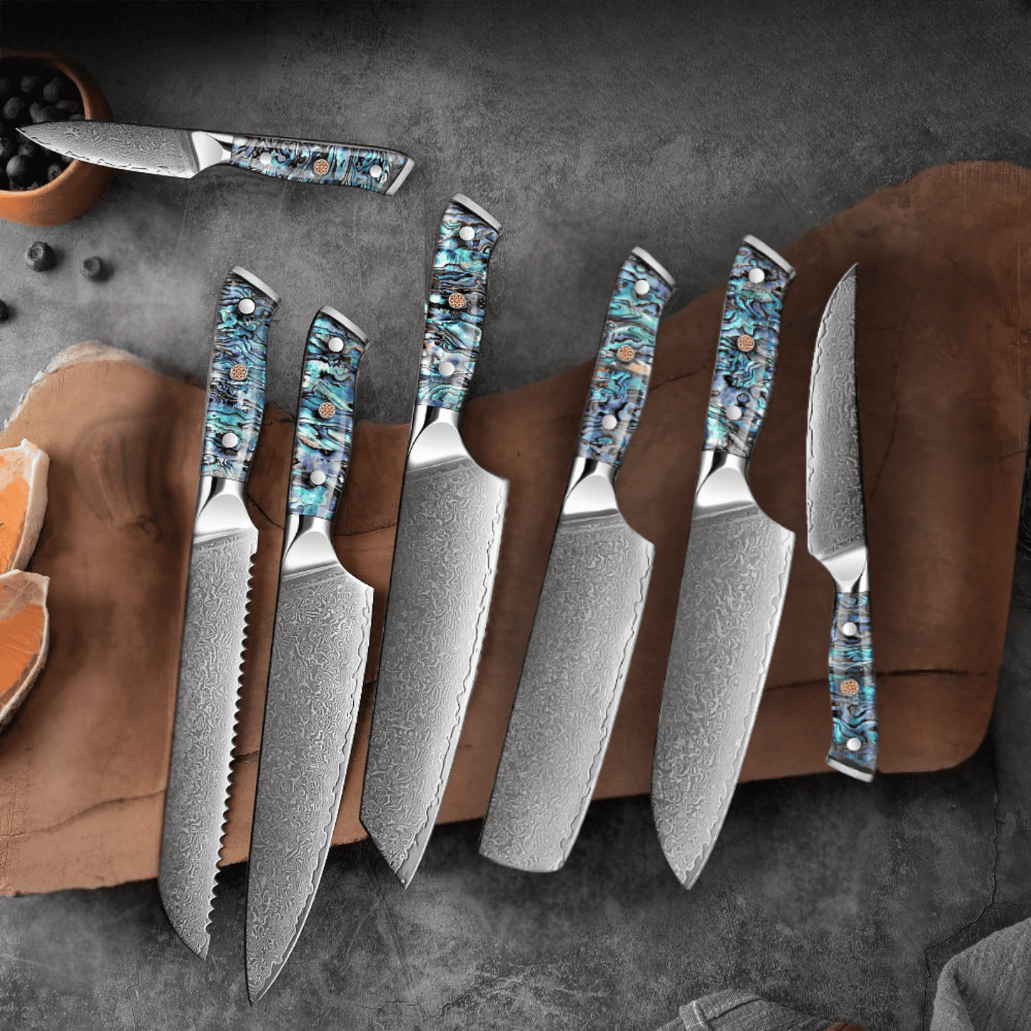 Abalone Damascus Knife Set – Japanese Steel and Unique Shell Handles