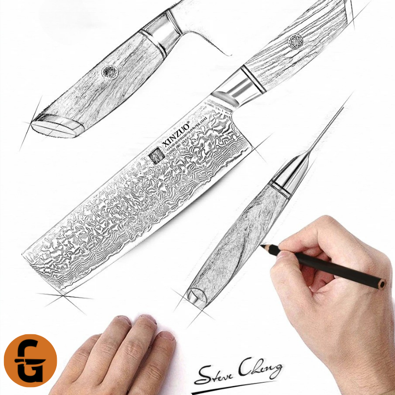 A 7-inch Japanese Premium Katana Damascus Chef Knife with a wooden handle and a patterned steel blade