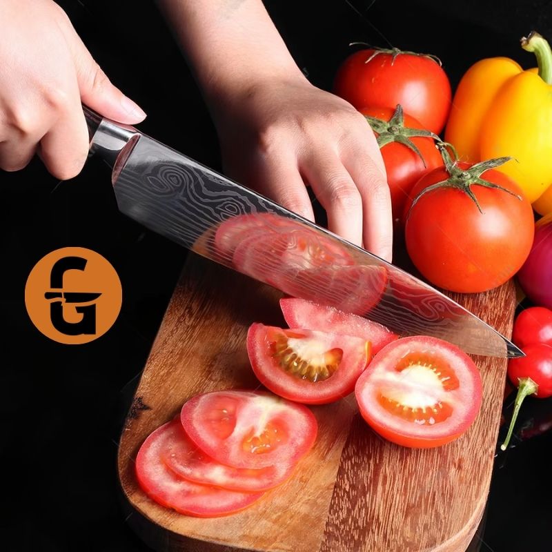 A collection of premium chef knives with stainless steel blades and various colored wood handles.