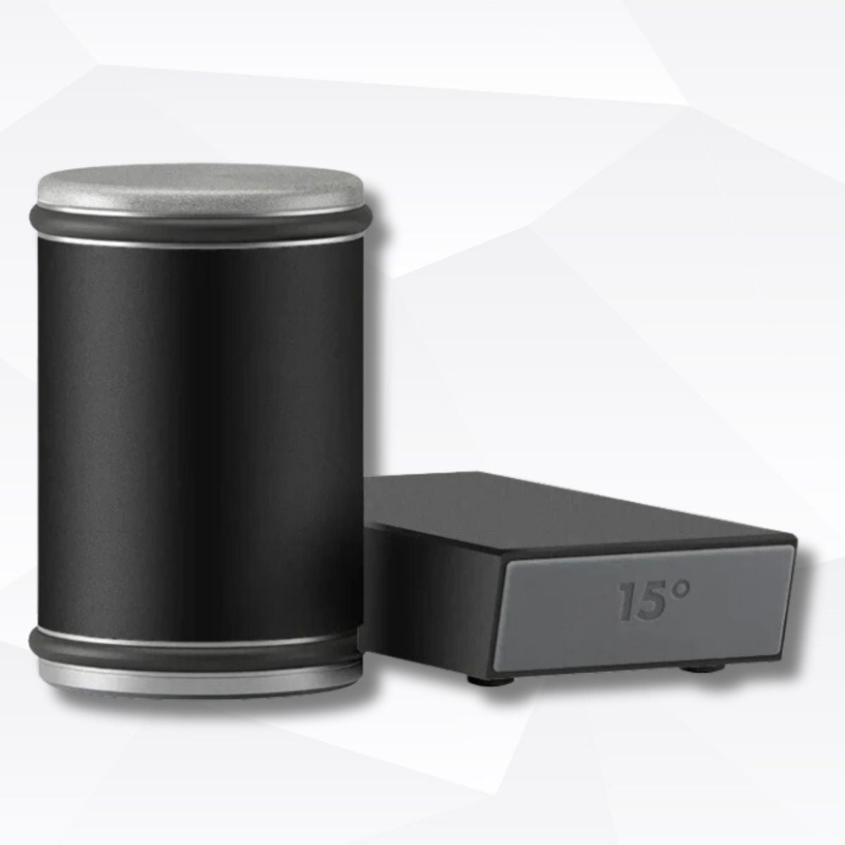 Black cylindrical container with a metallic lid and a rectangular device labeled '15°' on a white background.