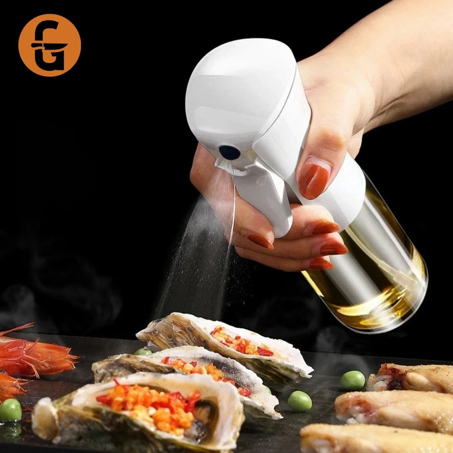 Transparent oil spray bottle with ergonomic trigger and modern design