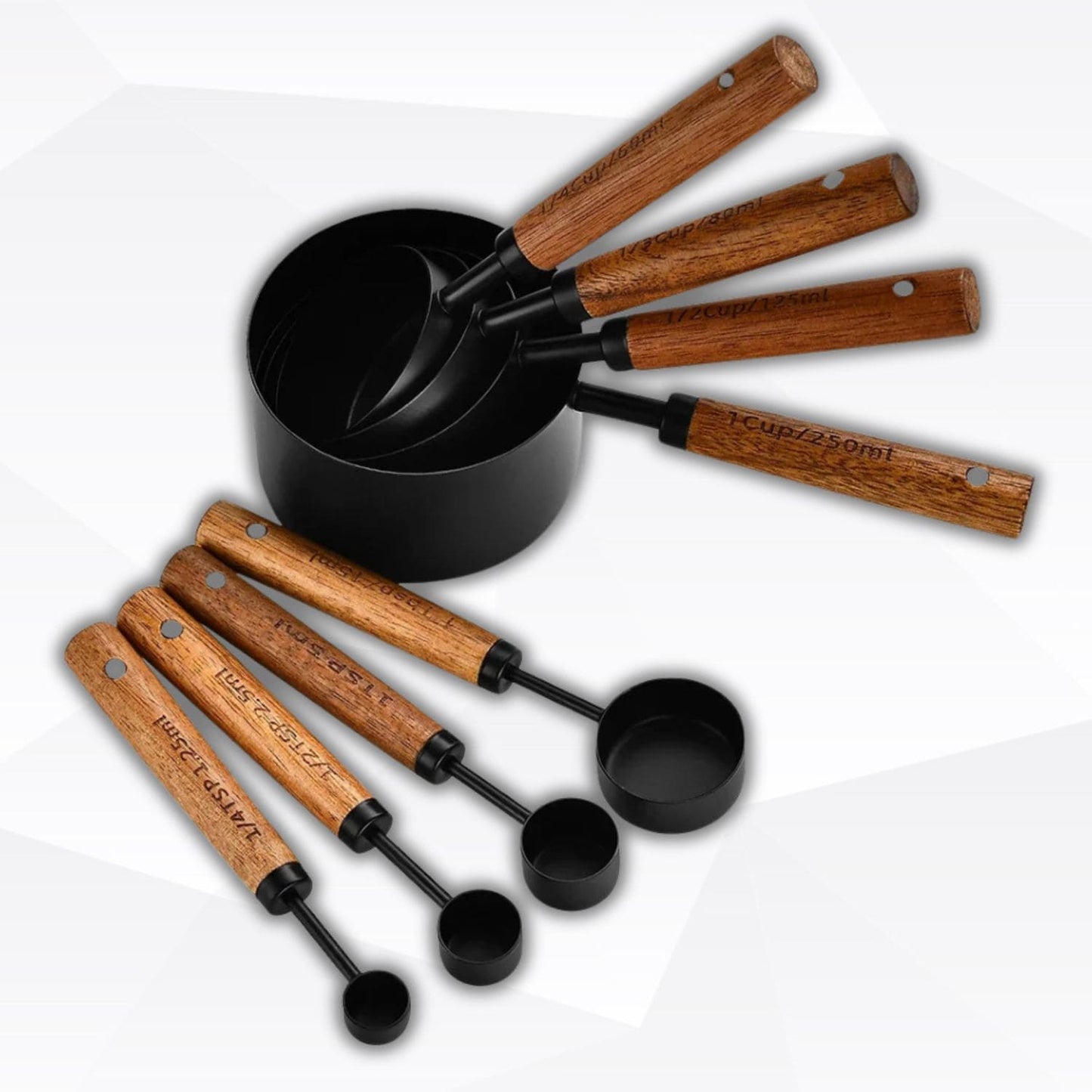 Modern kitchen setup with wooden-handle measuring set in black finish