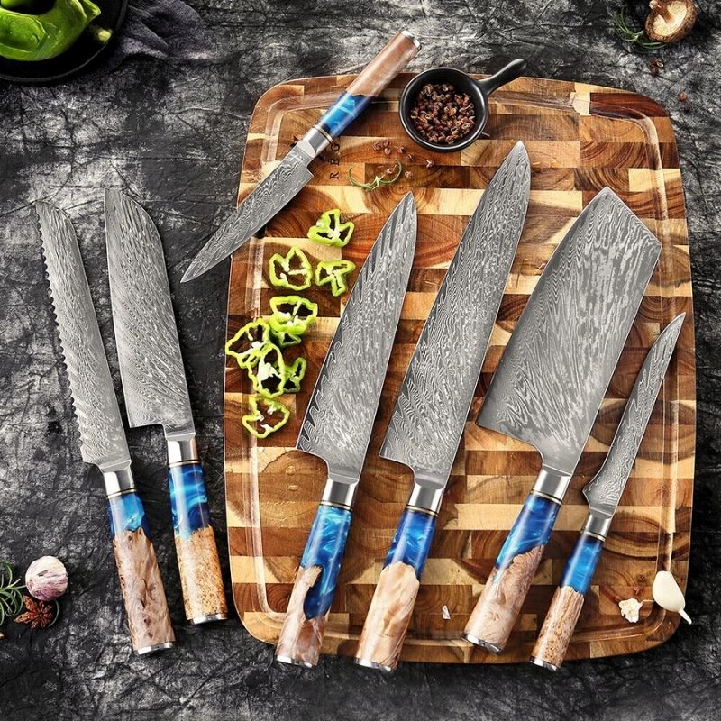 Blue Wave Kitchen Knife – Japanese Damascus Steel and Blue Wood Handle