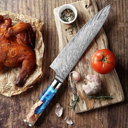 Blue Wave Kitchen Knife – Japanese Damascus Steel and Blue Wood Handle