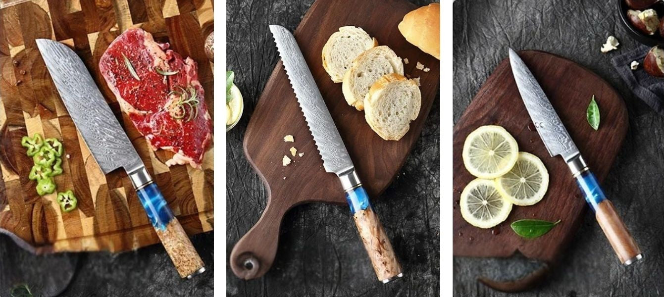 Blue Wave Kitchen Knife – Japanese Damascus Steel and Blue Wood Handle