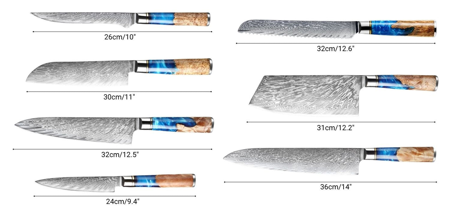 Blue Wave Kitchen Knife – Japanese Damascus Steel and Blue Wood Handle