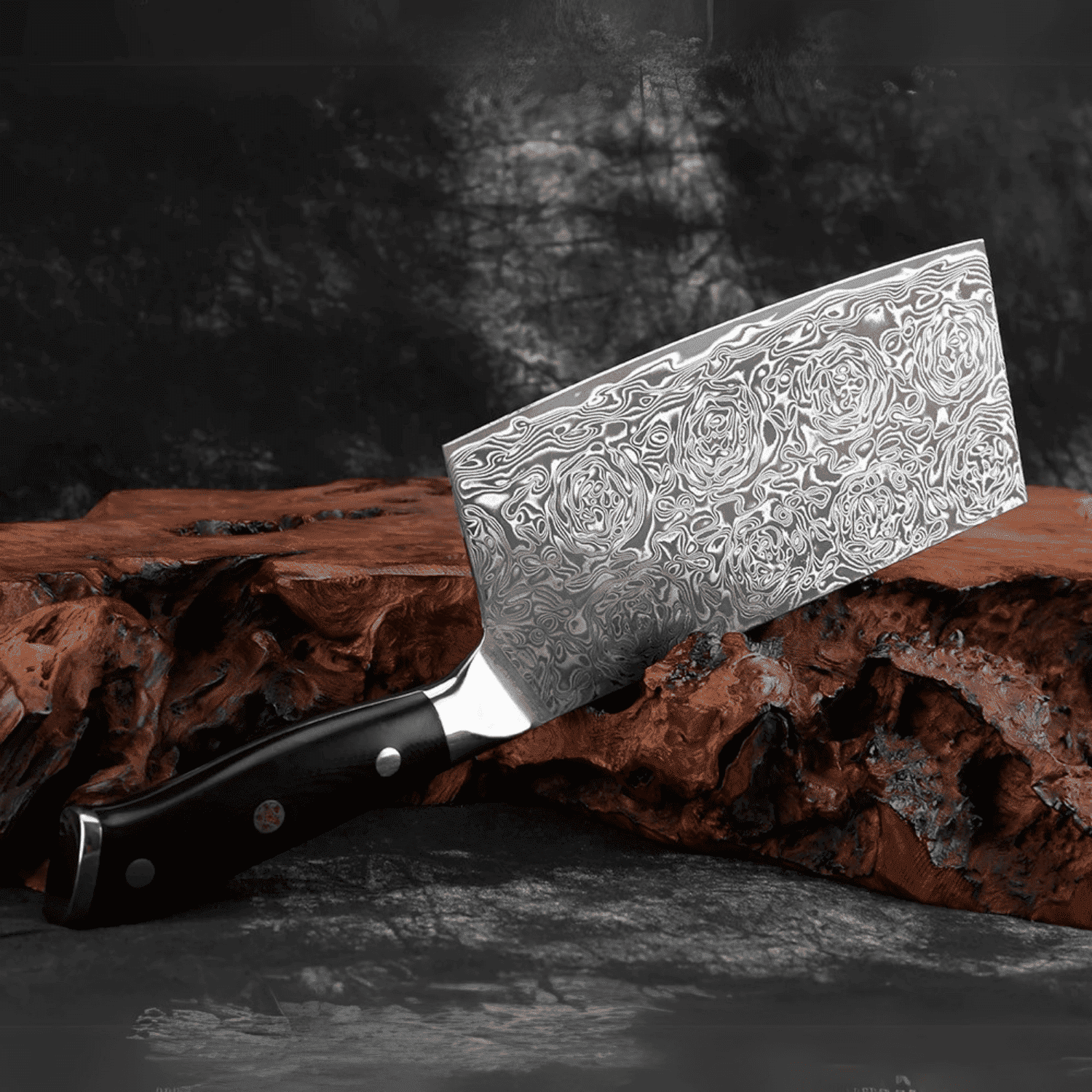 Decorative chef's knife with an embossed blade on a wooden block against a dark background
