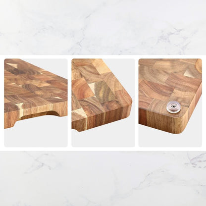 A wooden chopping board with a geometric end grain design.