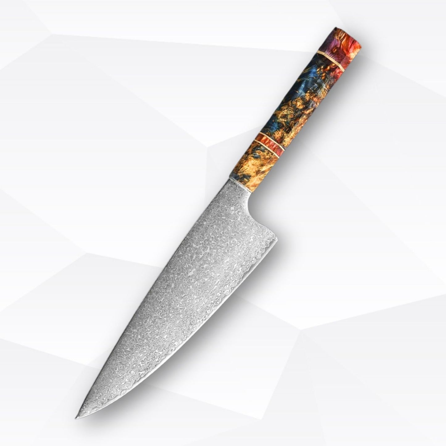 Chef's knife with a colorful handle on a white background