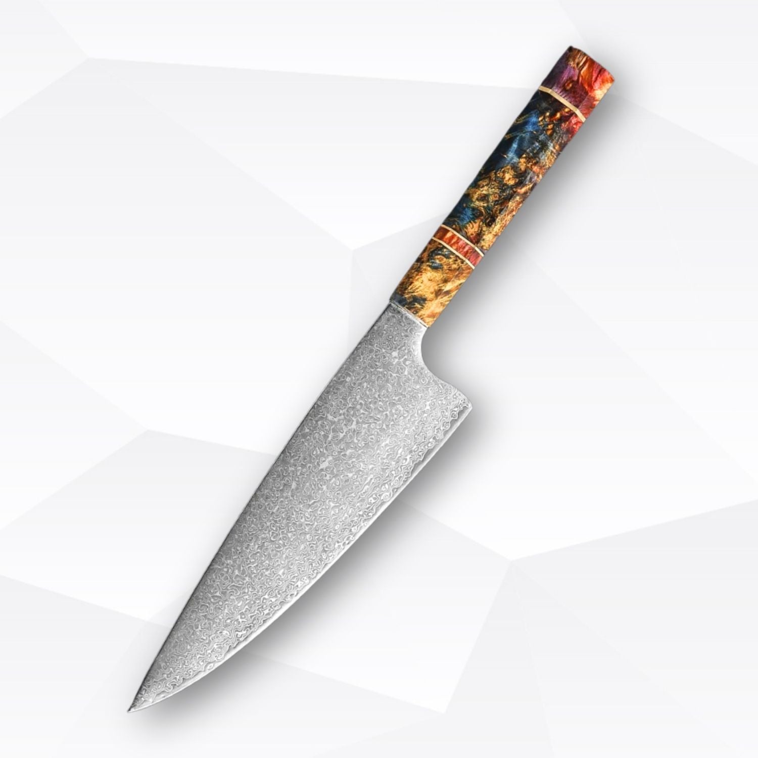 Chef's knife with a colorful handle on a white background