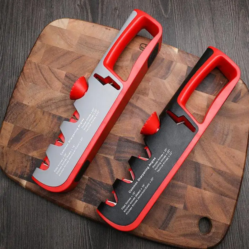 A black and red 4 in 1 knife sharpener with a section for adjusting angles.