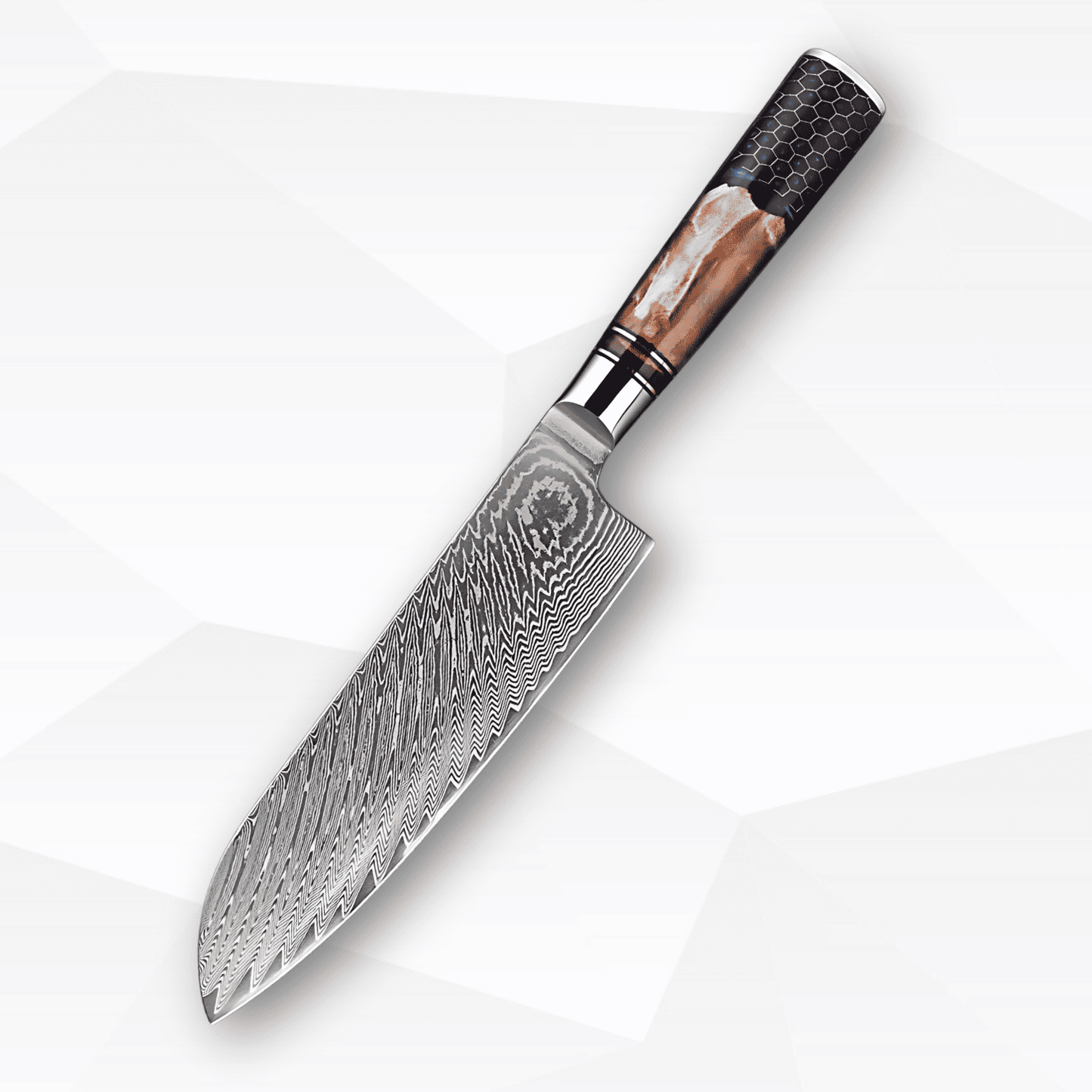 Damascus steel kitchen knife with a wooden handle on a white background
