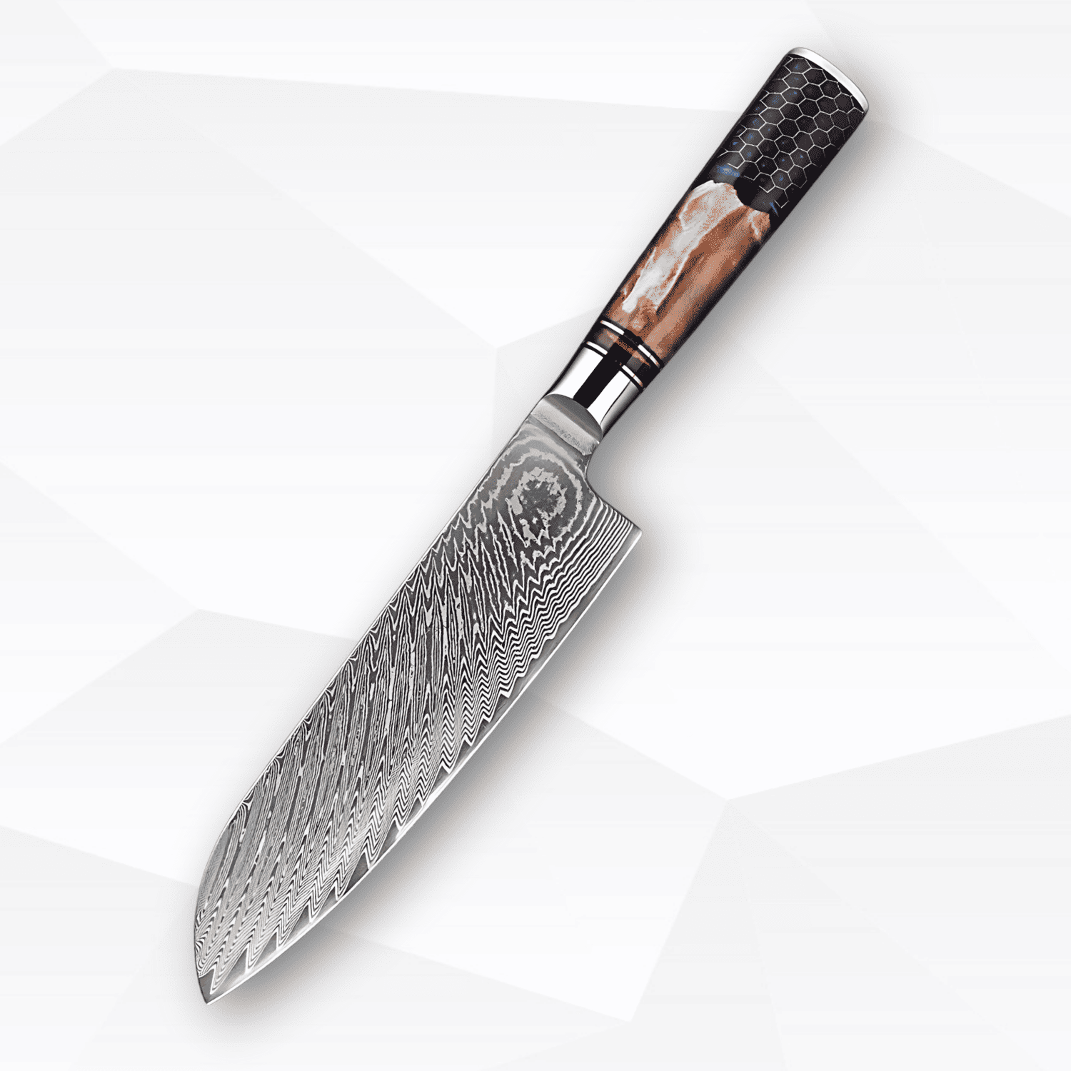 Damascus steel kitchen knife with a wooden handle on a white background