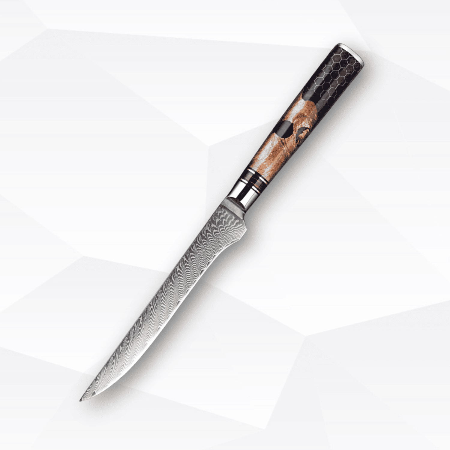  Damascus steel kitchen knife with wooden handle on a white background