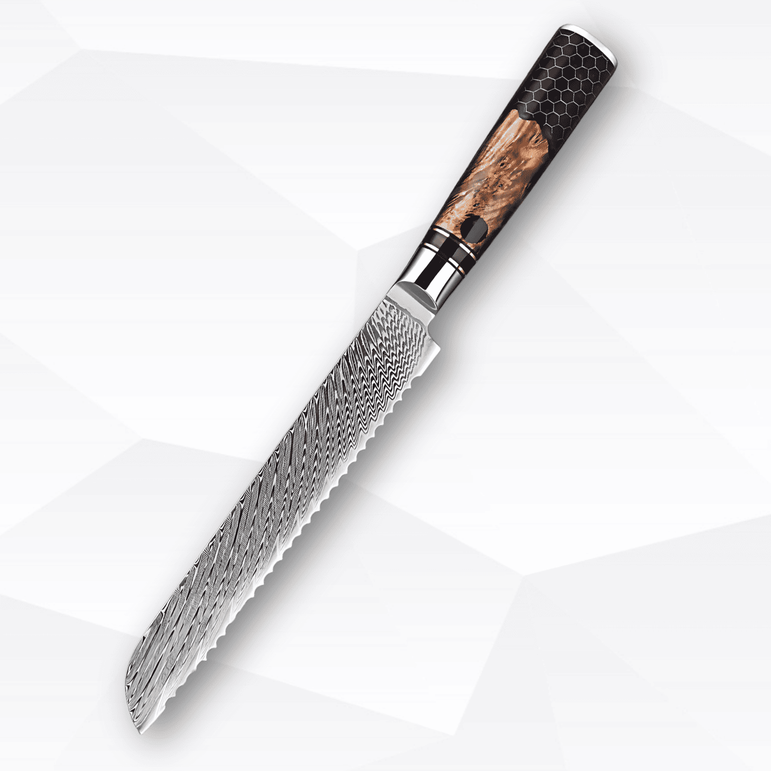 Serrated knife with a wooden handle on a white background