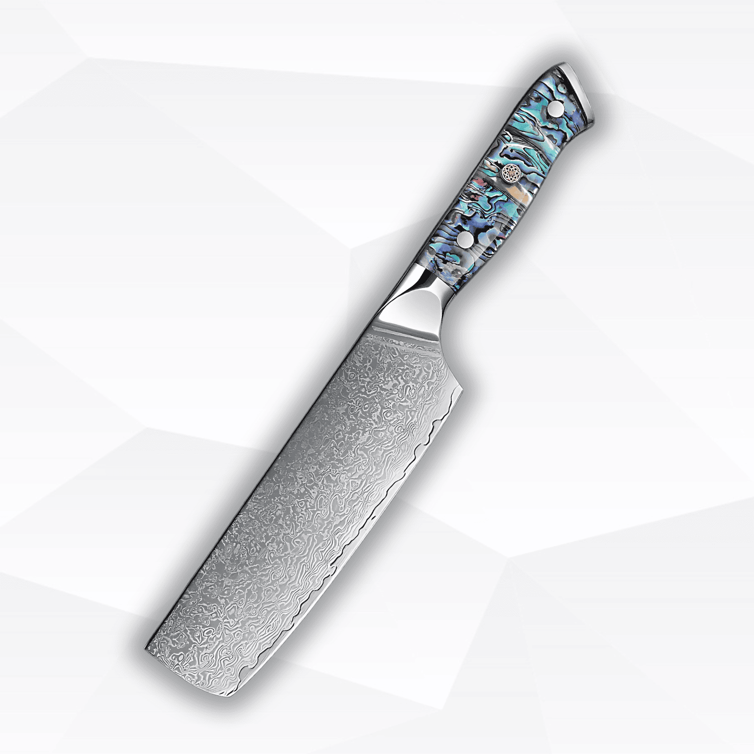 Kitchen knife with a decorative abalone handle on a white background