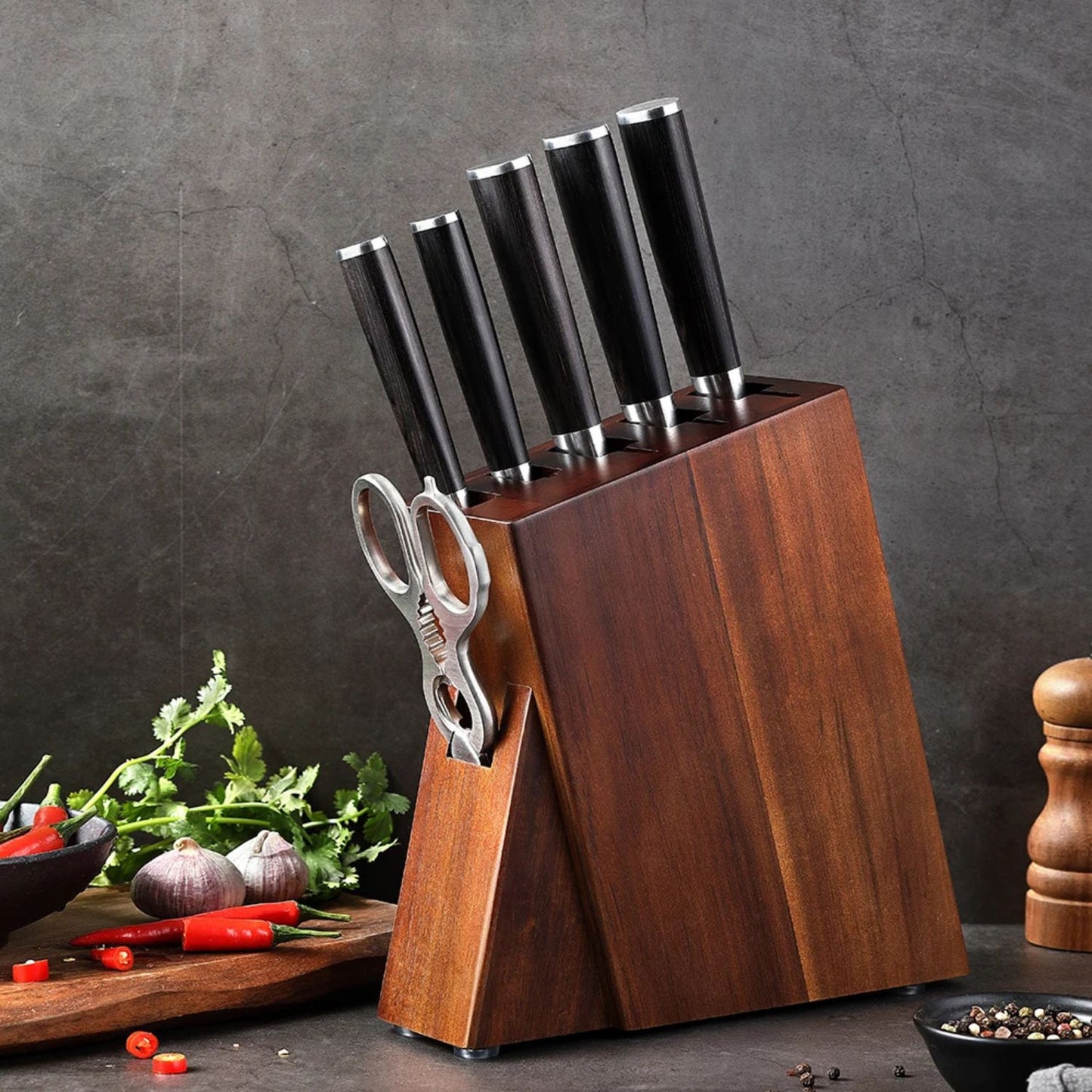 Acacia Wood Multifunctional Knife Block – Countertop Storage Organiser