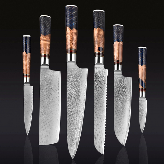Set of seven knives with wooden handles on a black background