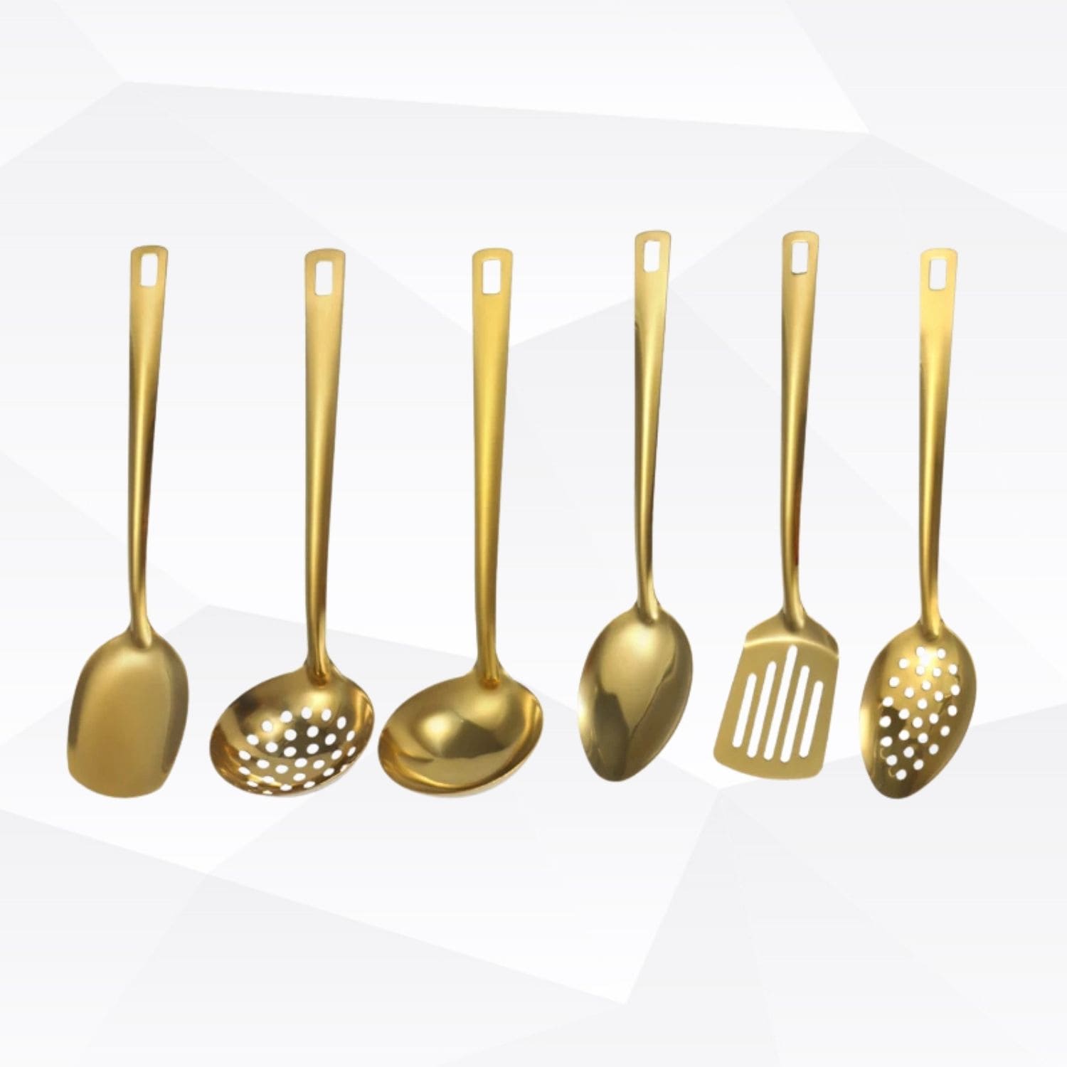 Six-piece golden stainless steel utensil set with ergonomic handles