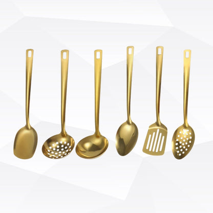 Six-piece golden stainless steel utensil set with ergonomic handles