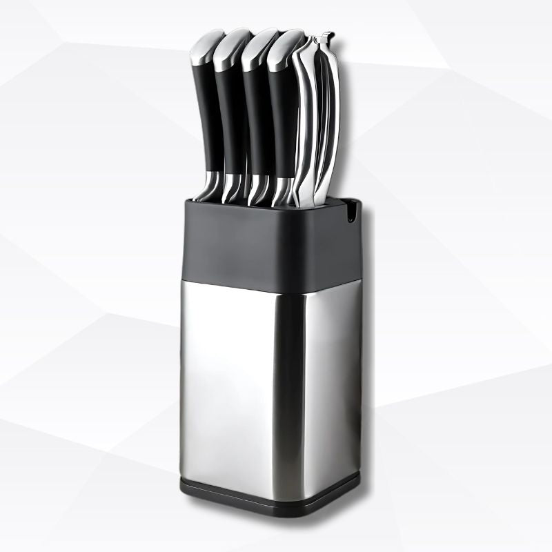 Modern knife block with integrated sharpener and stainless steel finish