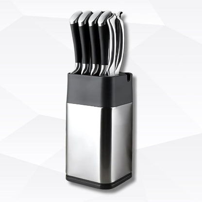 Modern knife block with integrated sharpener and stainless steel finish