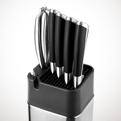 Modern knife block with integrated sharpener and stainless steel finish