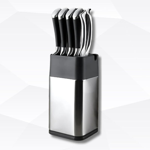 2-in-1 Stainless Steel Knife Holder with Built-in Sharpener – Silver
