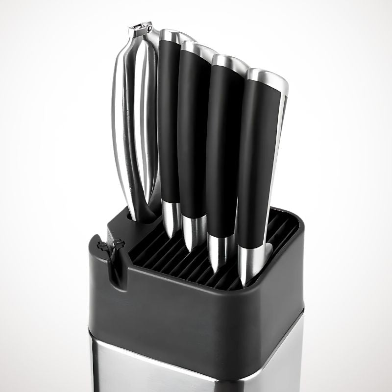 2-in-1 Stainless Steel Knife Holder with Built-in Sharpener – Silver