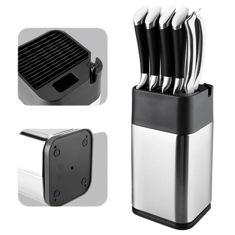 2-in-1 Stainless Steel Knife Holder with Built-in Sharpener – Silver