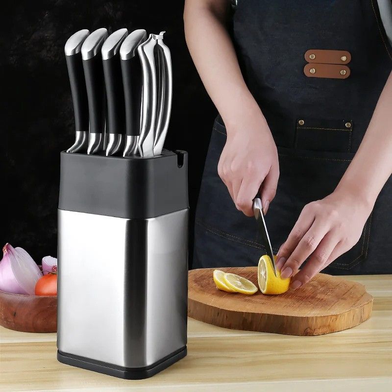 2-in-1 Stainless Steel Knife Holder with Built-in Sharpener – Silver