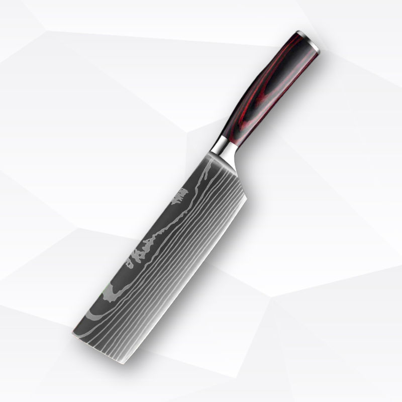 Kitchen knife with a decorative blade on a white background