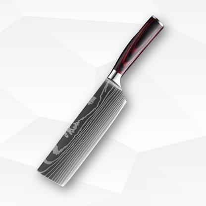 Kitchen knife with a decorative blade on a white background