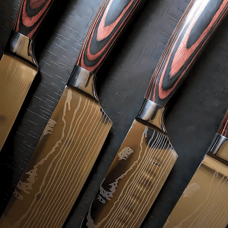 Set of knives with wooden handles on a dark surface