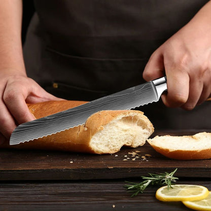 Professional 10-piece knife set including chef, santoku, and utility knives with sleek design