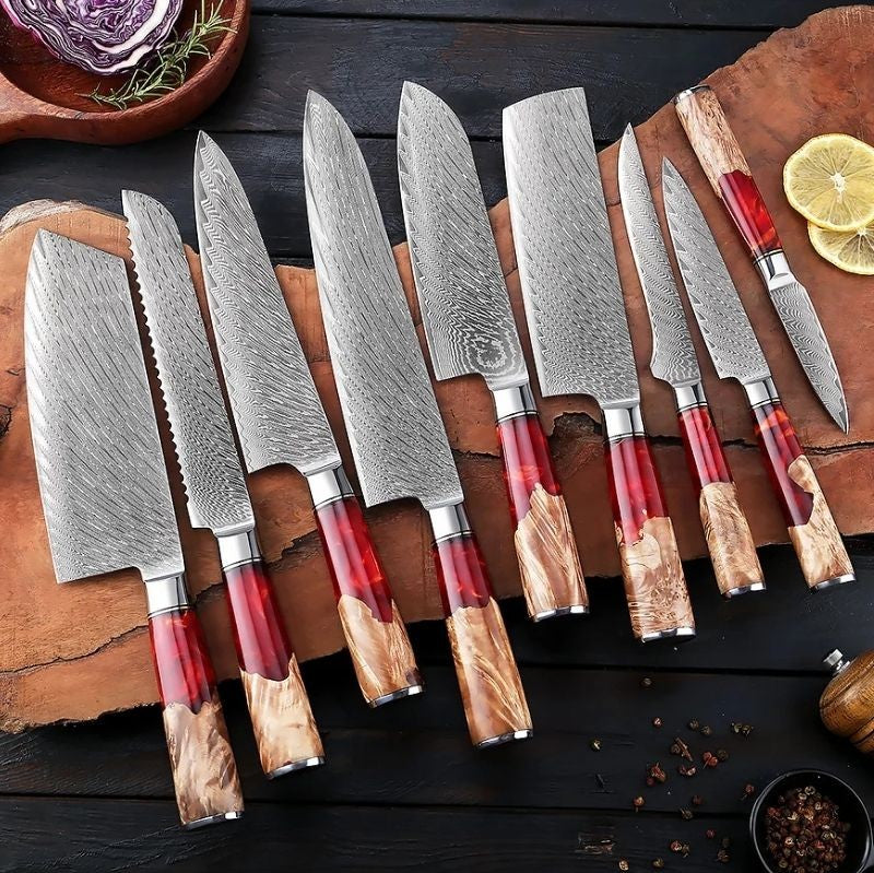 Refined 9-Piece Damascus Knife Set – Beauty and Precision in Every Cut